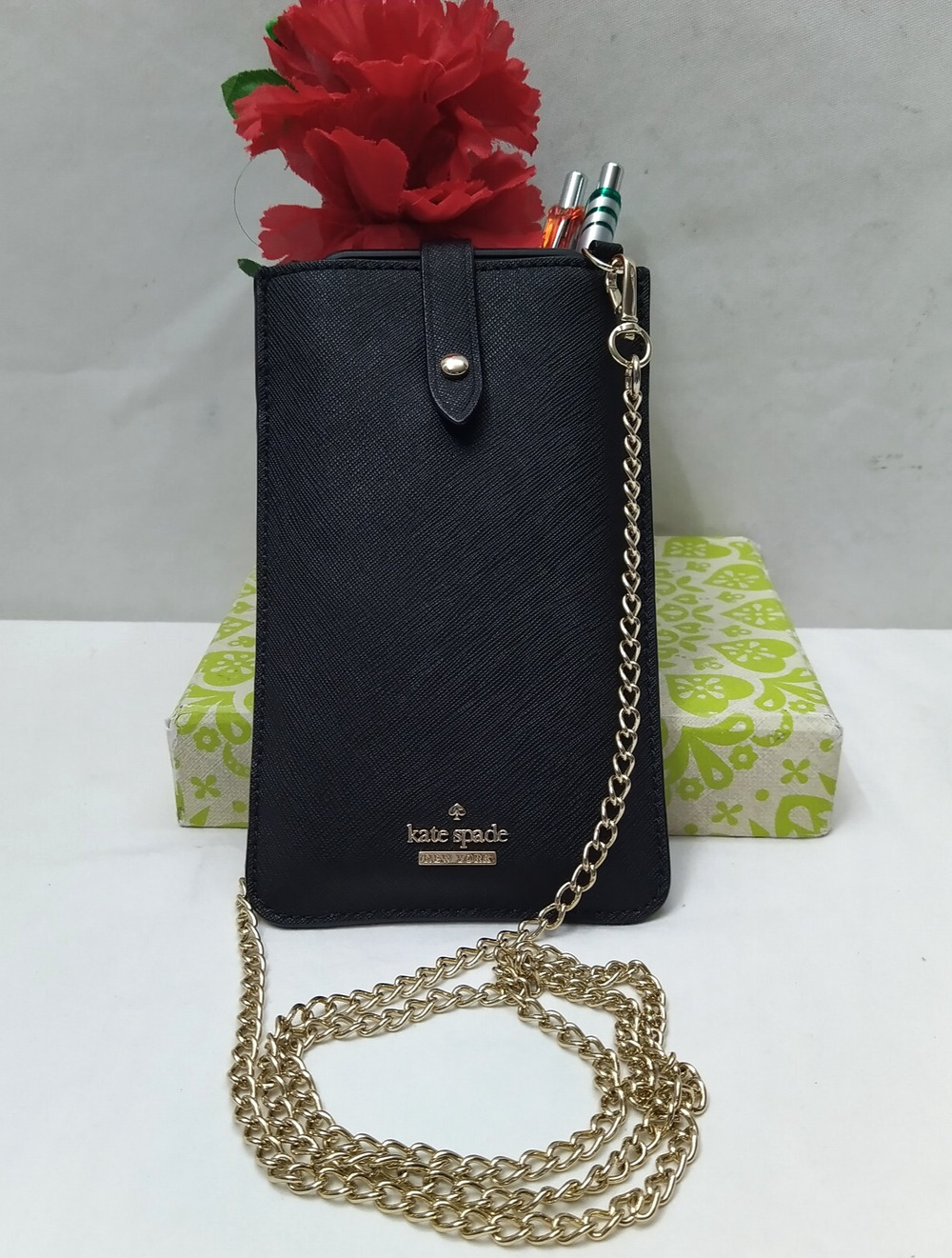 Kate Spade New York Black Leather Chain Strap Credit Card Crossbody Phone Bag